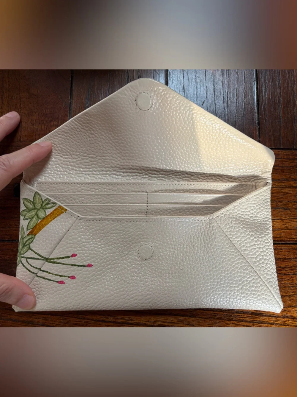 Cream Floral Design Envelope Clutch Leather Wallet